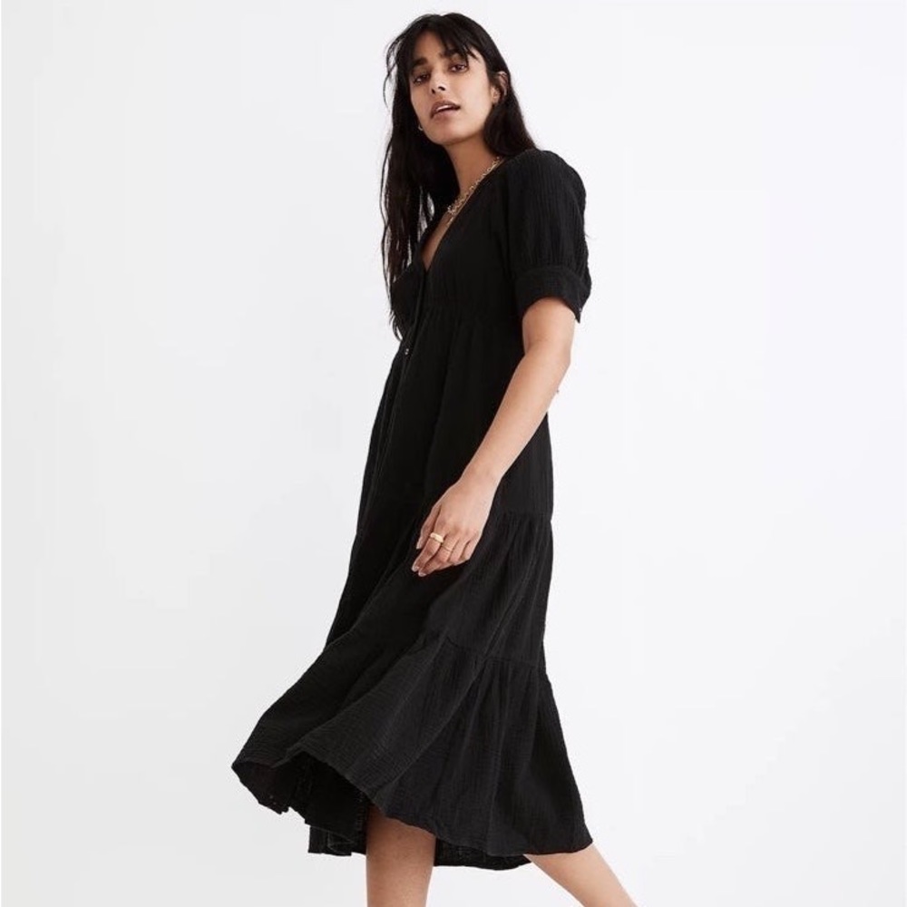 Madewell lightspun button-front tiered midi dress - Black